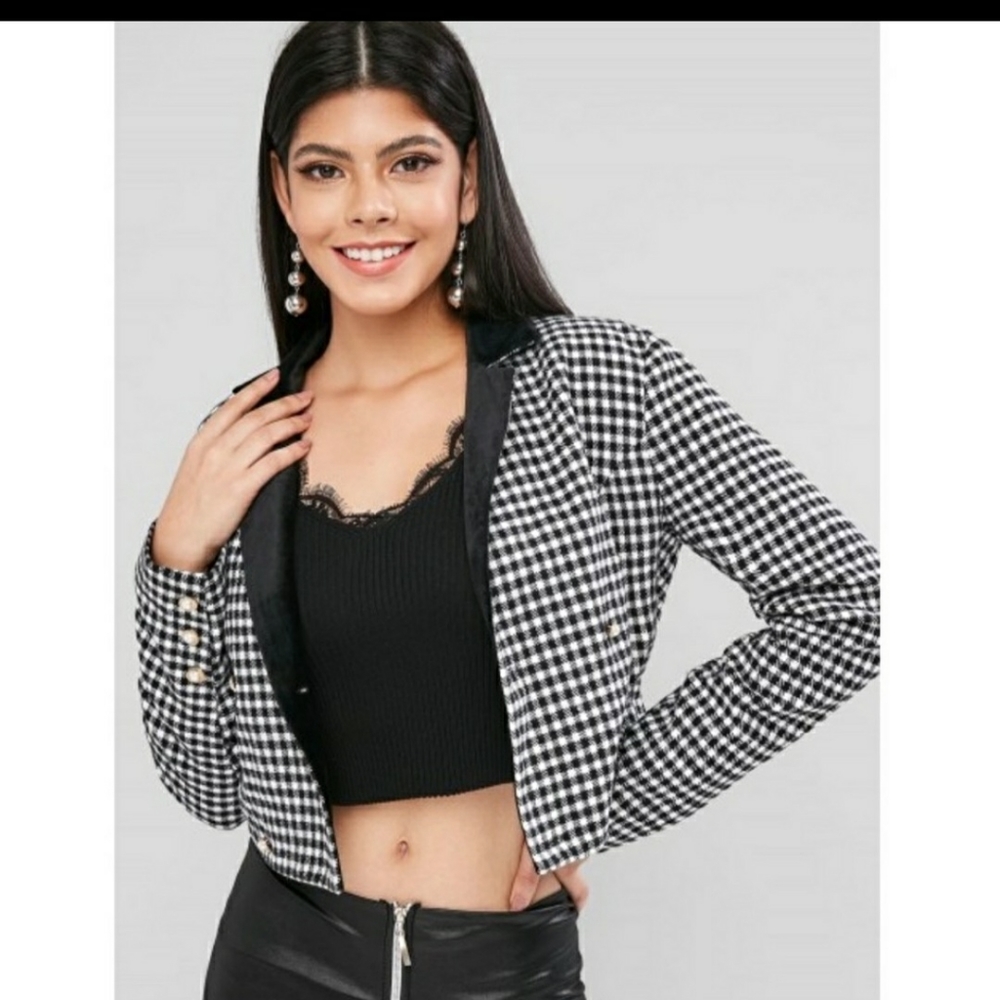 🛍2/30$🌷ZAFUL Black/White Checked Cropped Blazer